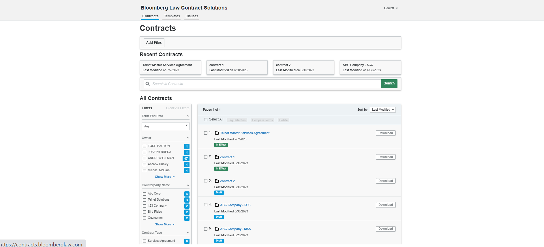 screenshot of Bloomberg Law Contract Solutions